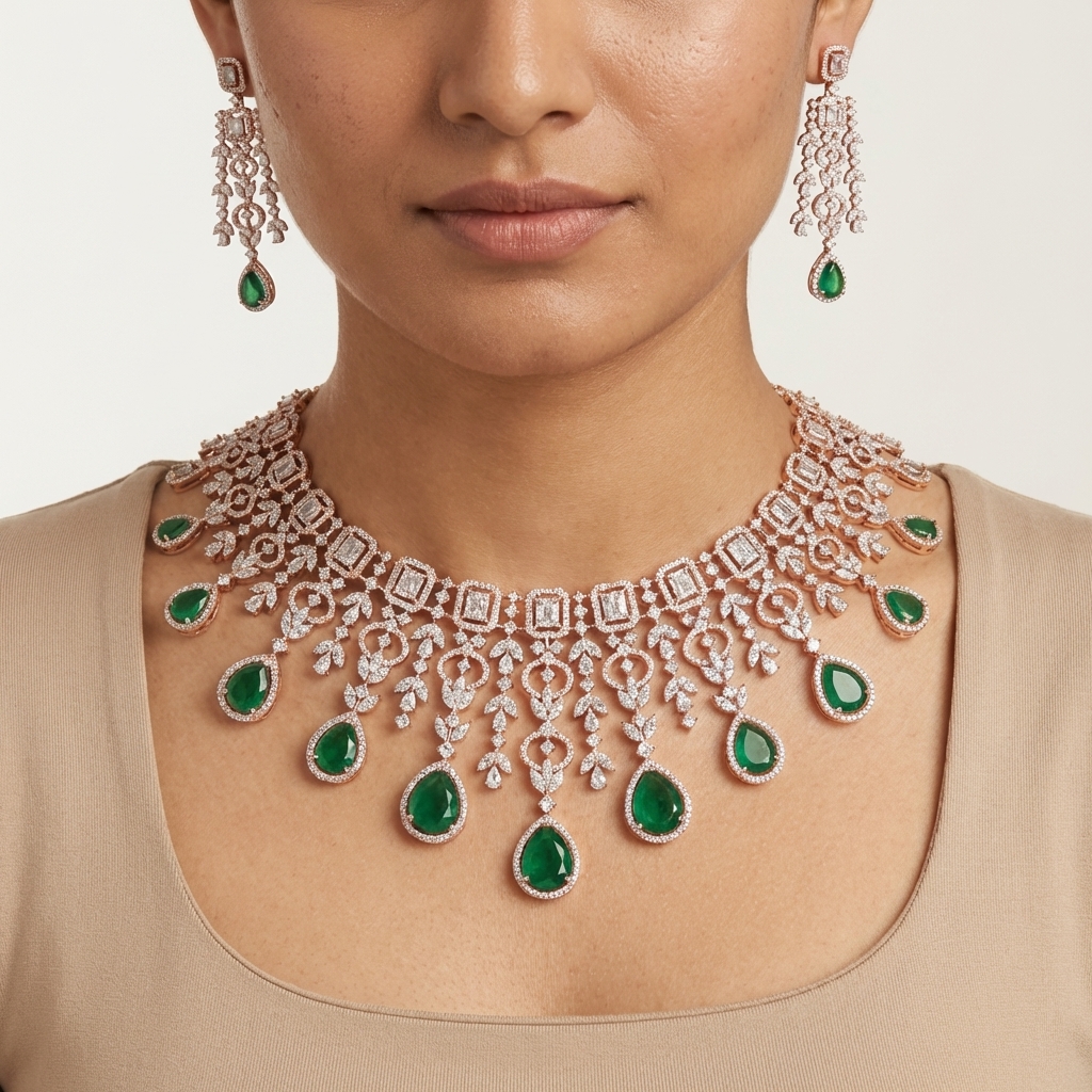 Polished Diamond Wedding Necklace Set - 4