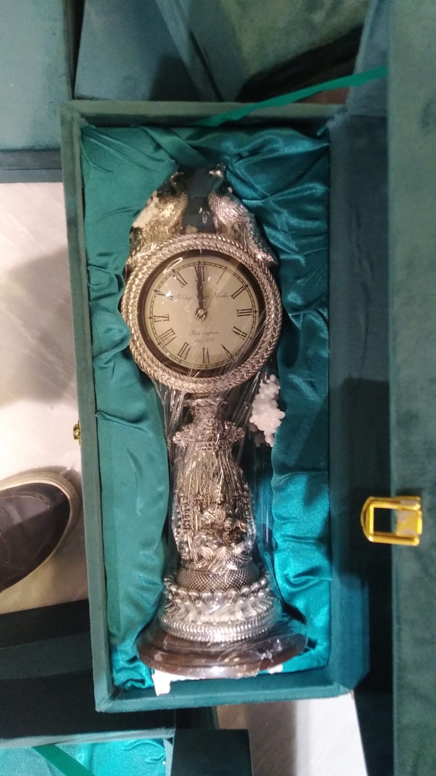 2 Peacock Clock Stand Clad Silver