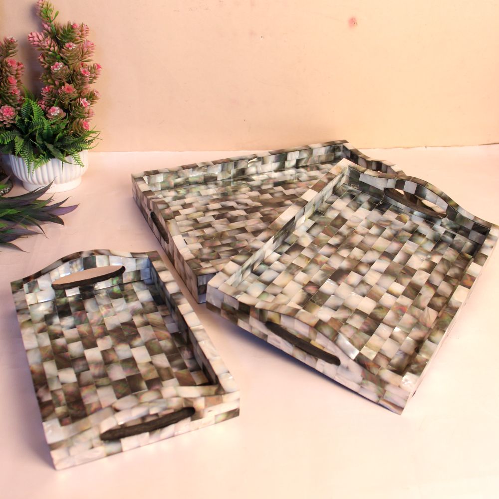 Black Mother Of Pearl Tray Set Of 3
