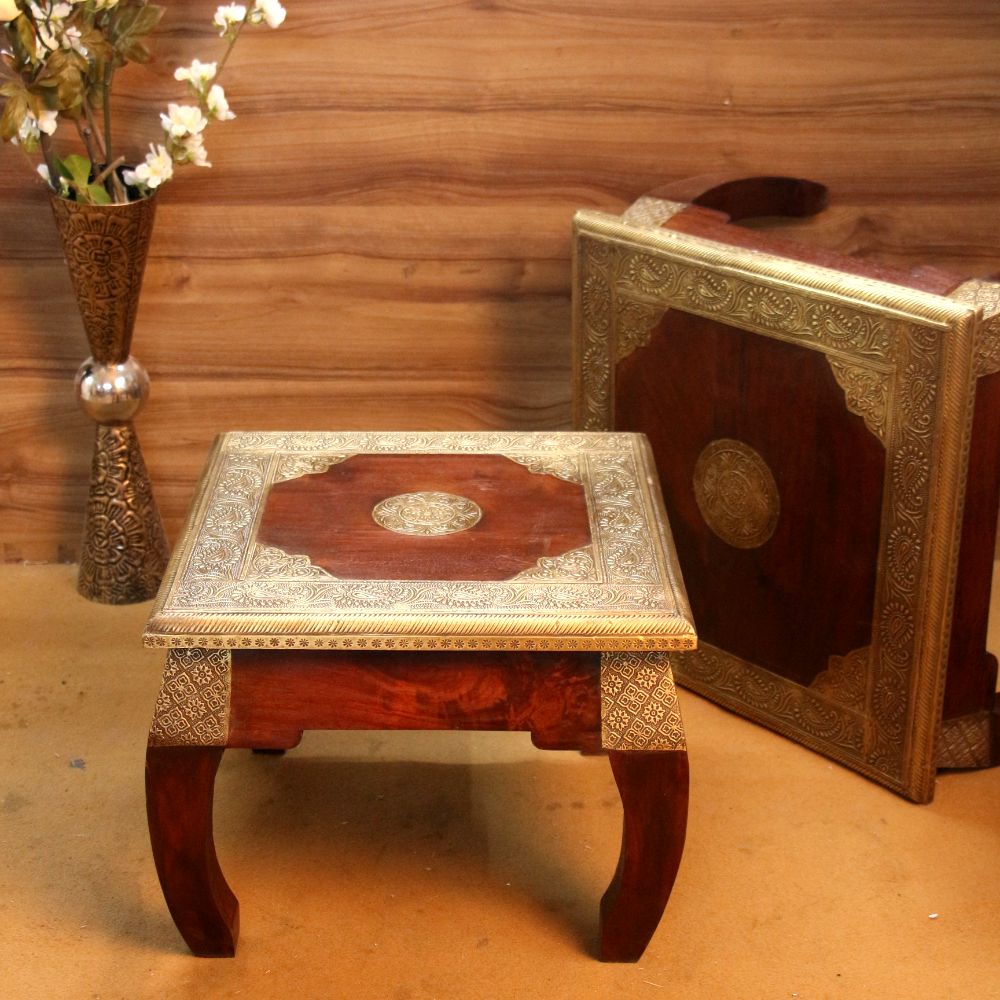 Wooden Stool Set Of 2 Brass Ftd