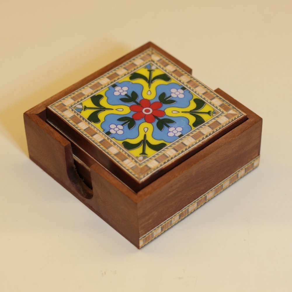 Wooden Tea Coster 4pc Blue Poetry - 4