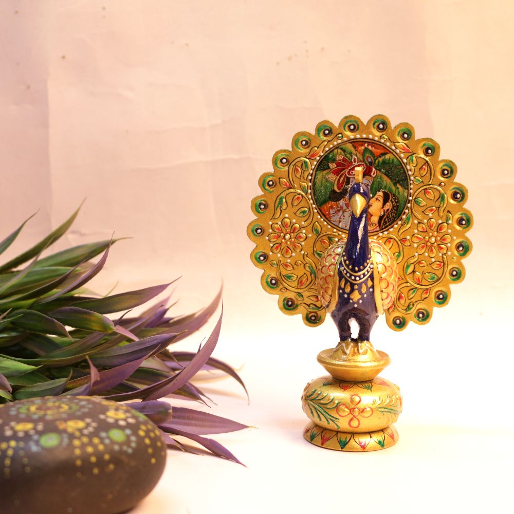 WOODEN GOLDEN COW PEACOCK 10 INCH