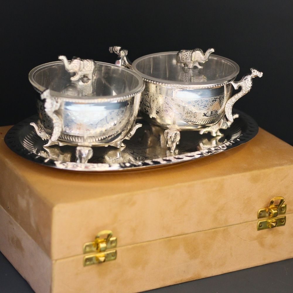 2pc Brass Elephant/Peacock Bowl Set