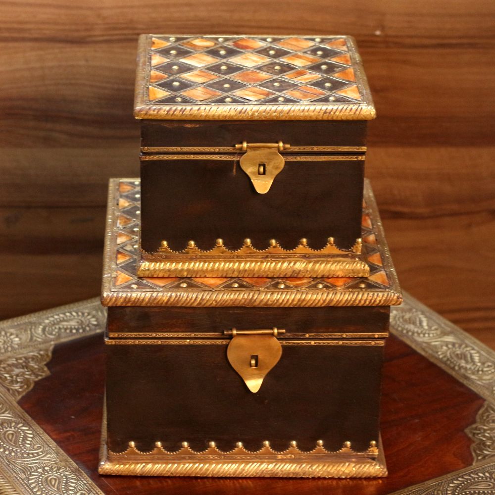 Wooden Box Set Of 3 Brass