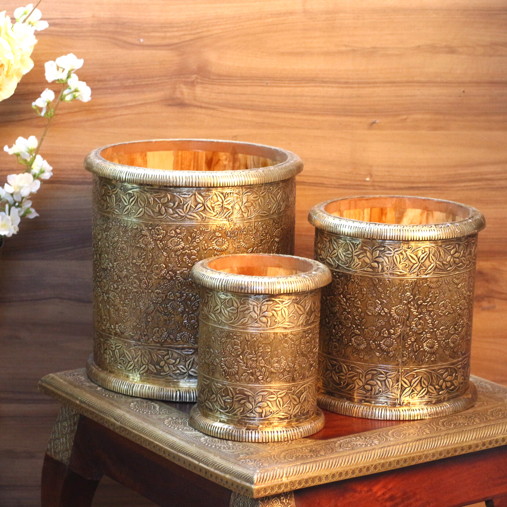 Wooden Planter With Brass S/3