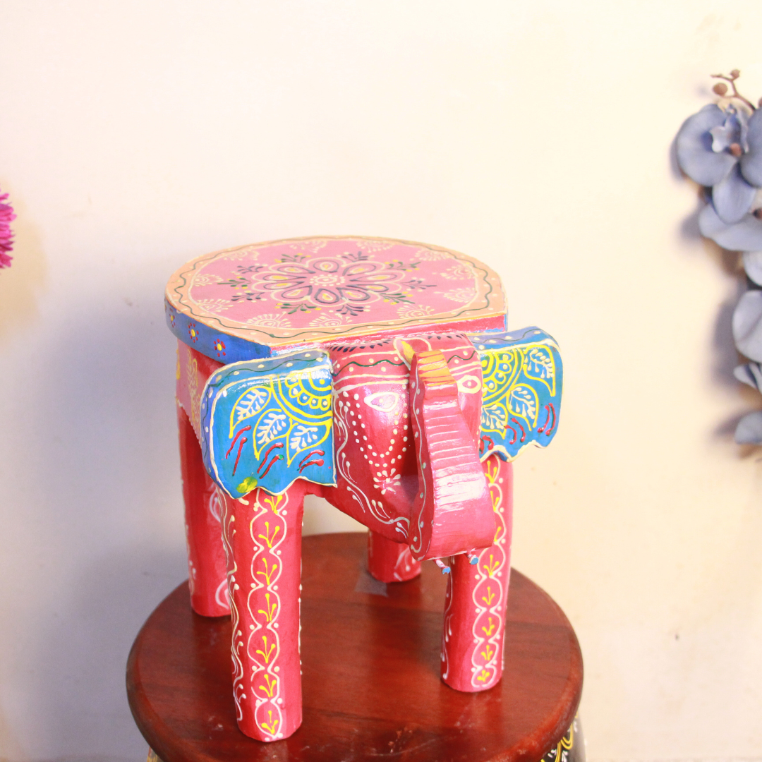 Wooden Painted Elephant Stool 10'' S