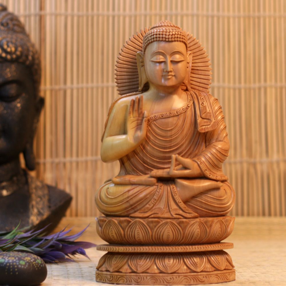 WOODEN CARVED MEDITATING BUDHA 12 INCH