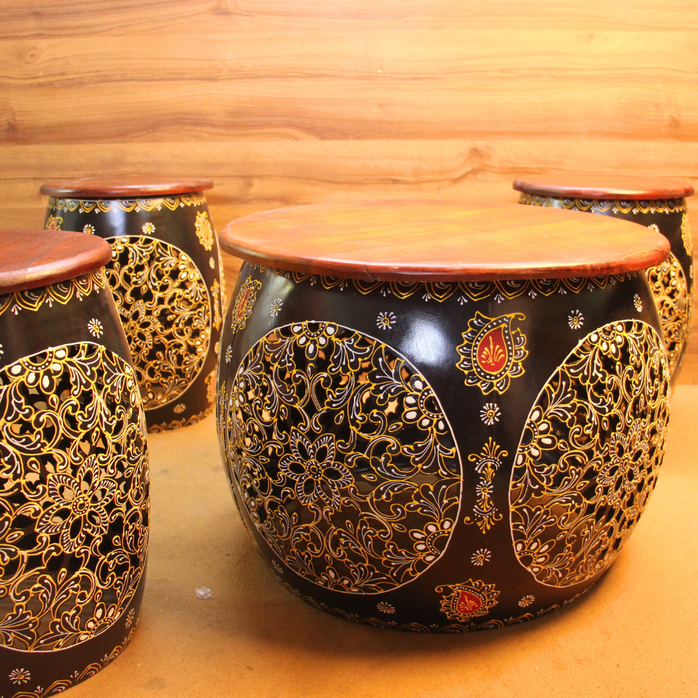 Iron Top Wooden Stool S/5