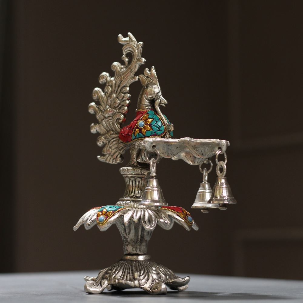 Peacock Samai 3 Diya Stone Work - 5
