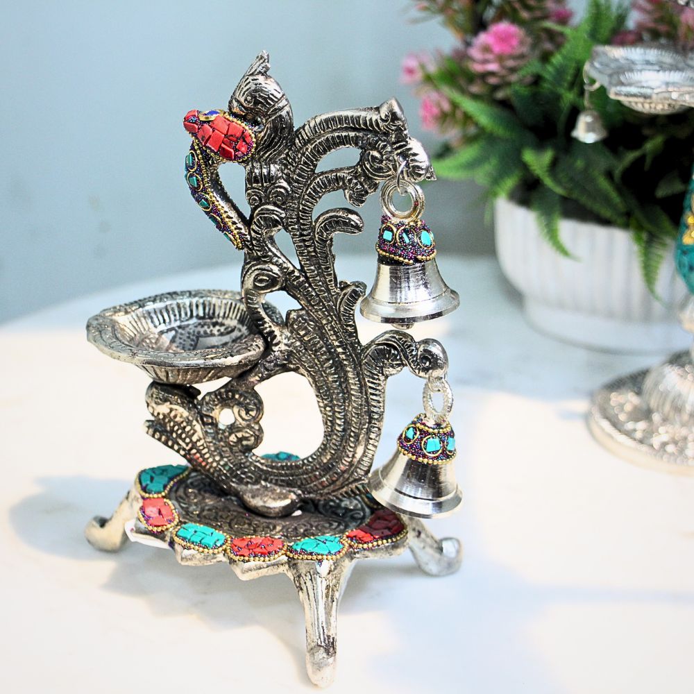 Metal Stone Double Ghanti Diya - 7