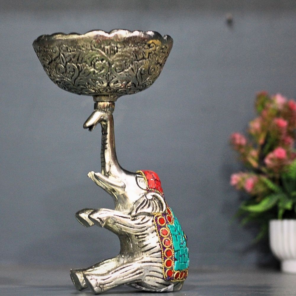 Metal Stone Elephant Bowl