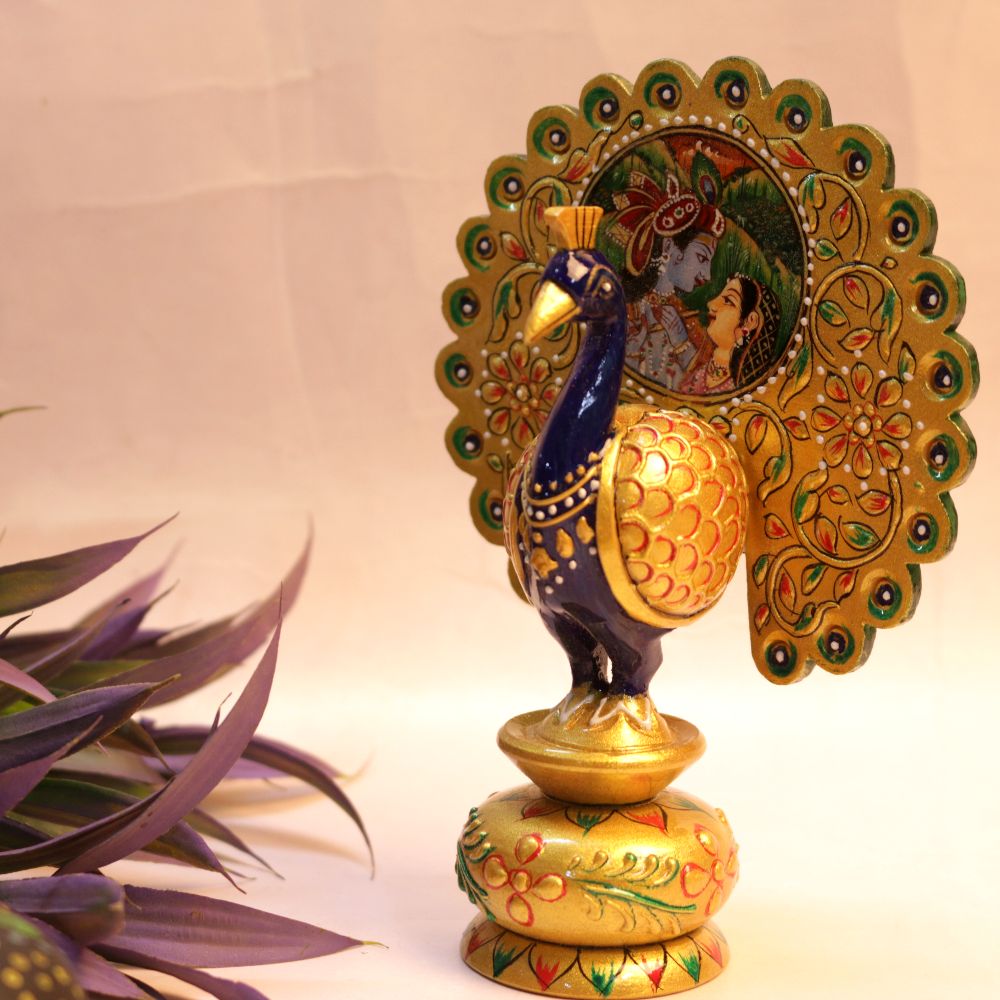 WOOD. RADHA KRISHAN WITH PEACOCK 10 INCH