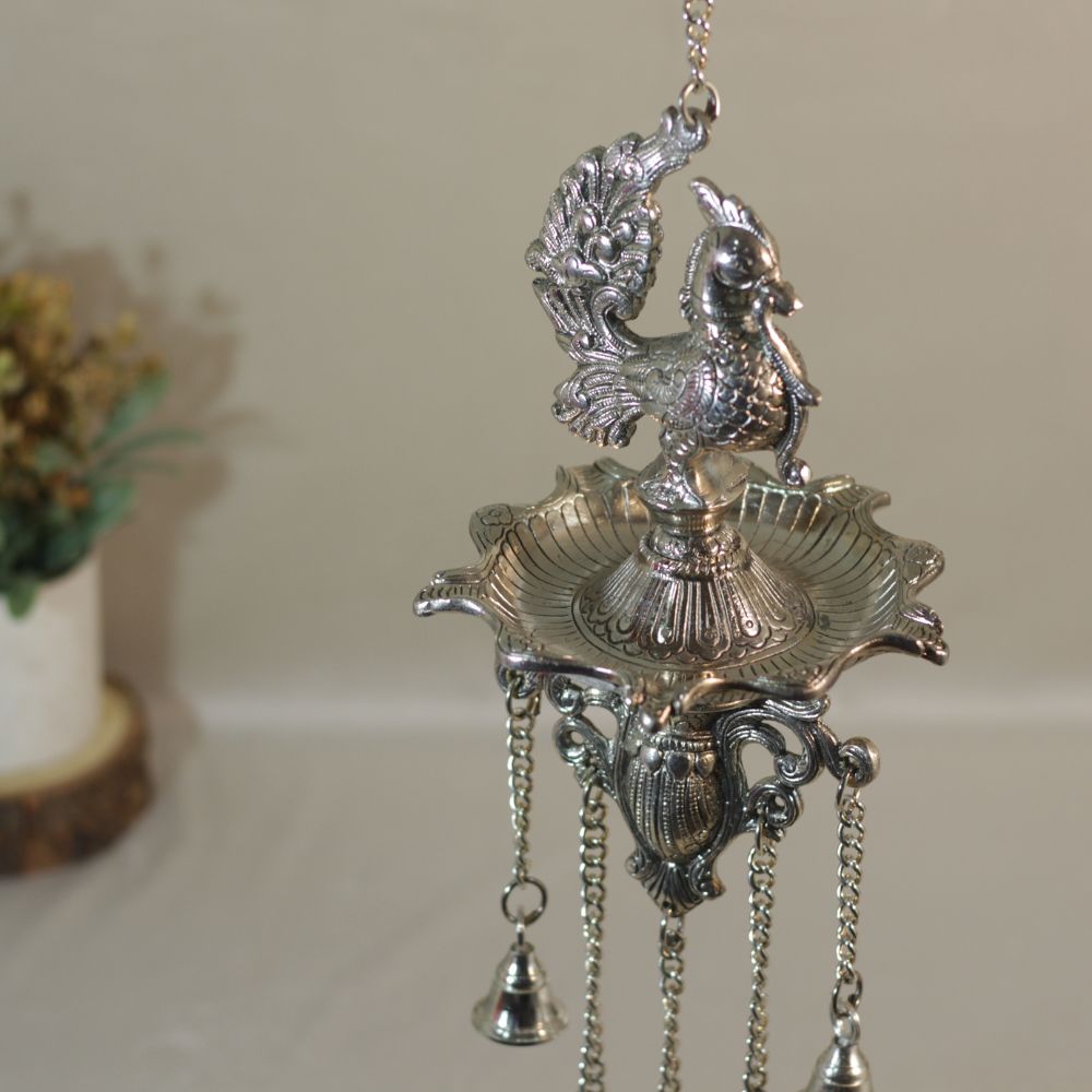 Metal 5 Ghanti Hanging Peacock Diya - 3