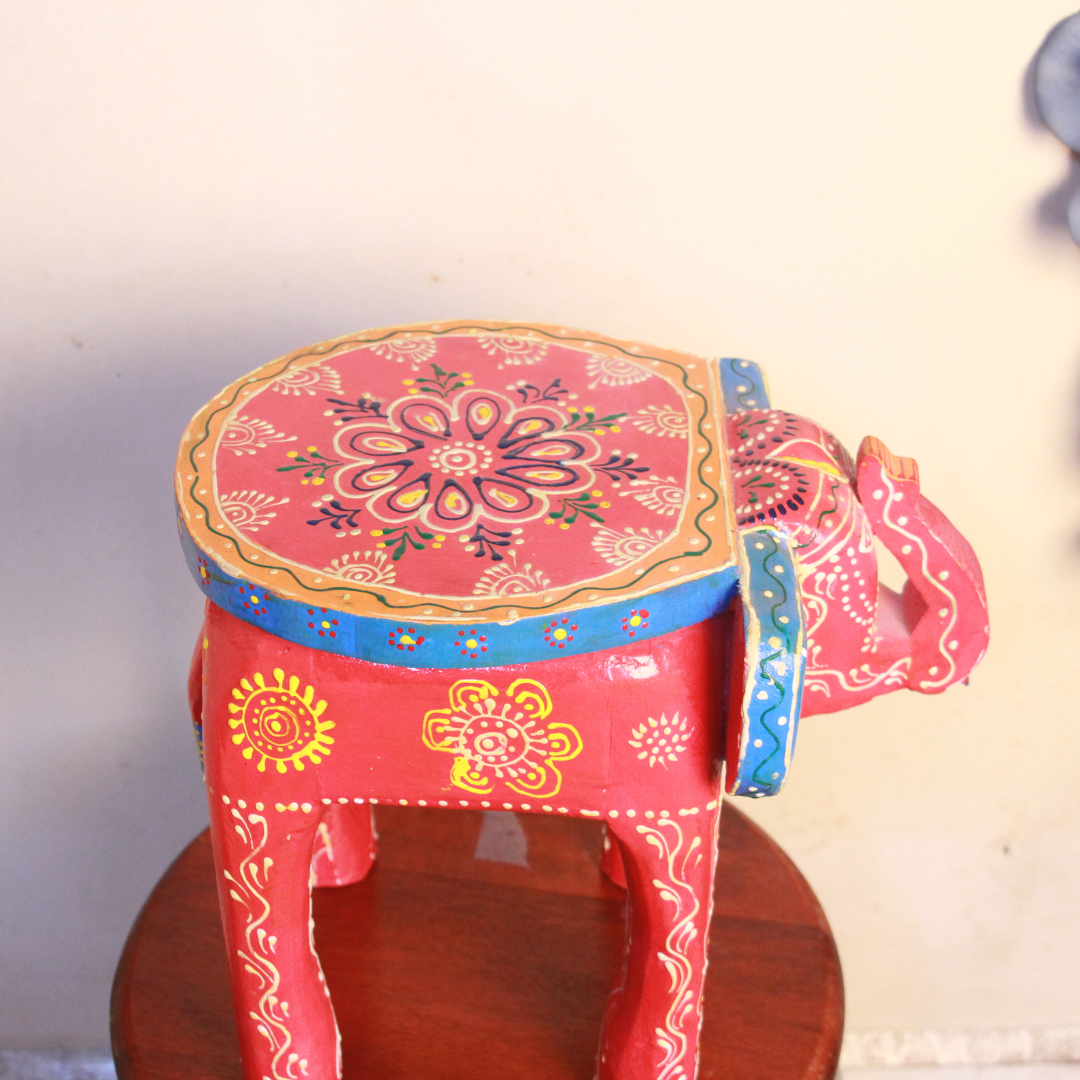 Wooden Painted Elephant Stool 10'' S - 4