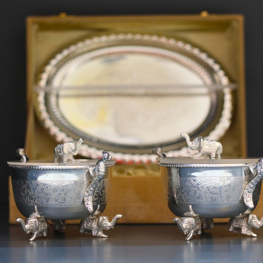 2pc Brass Elephant/Peacock Bowl Set - 6