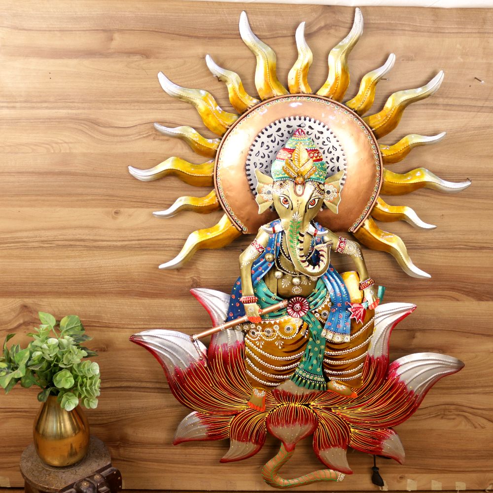 IRON PAINTED WALL GANESHA WITH LOTUS