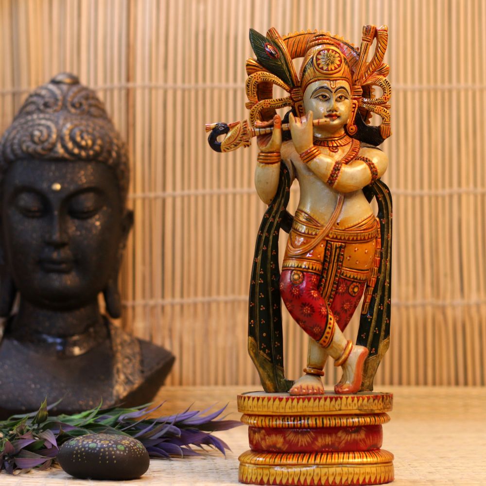 WOODEN COLORFULL STANDING KRISHNA 15 INCH - 4