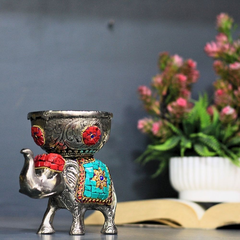 Metal Stone Elephant Bowl