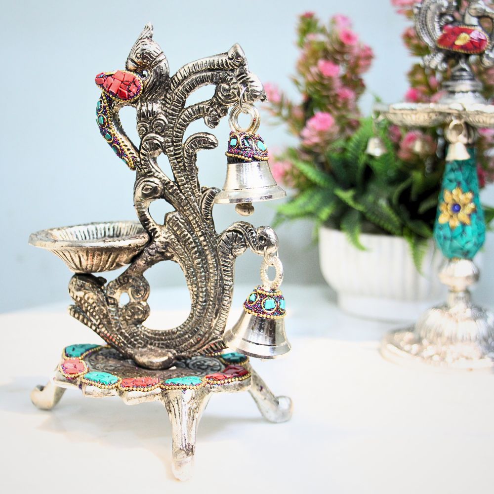 Metal Stone Double Ghanti Diya - 8