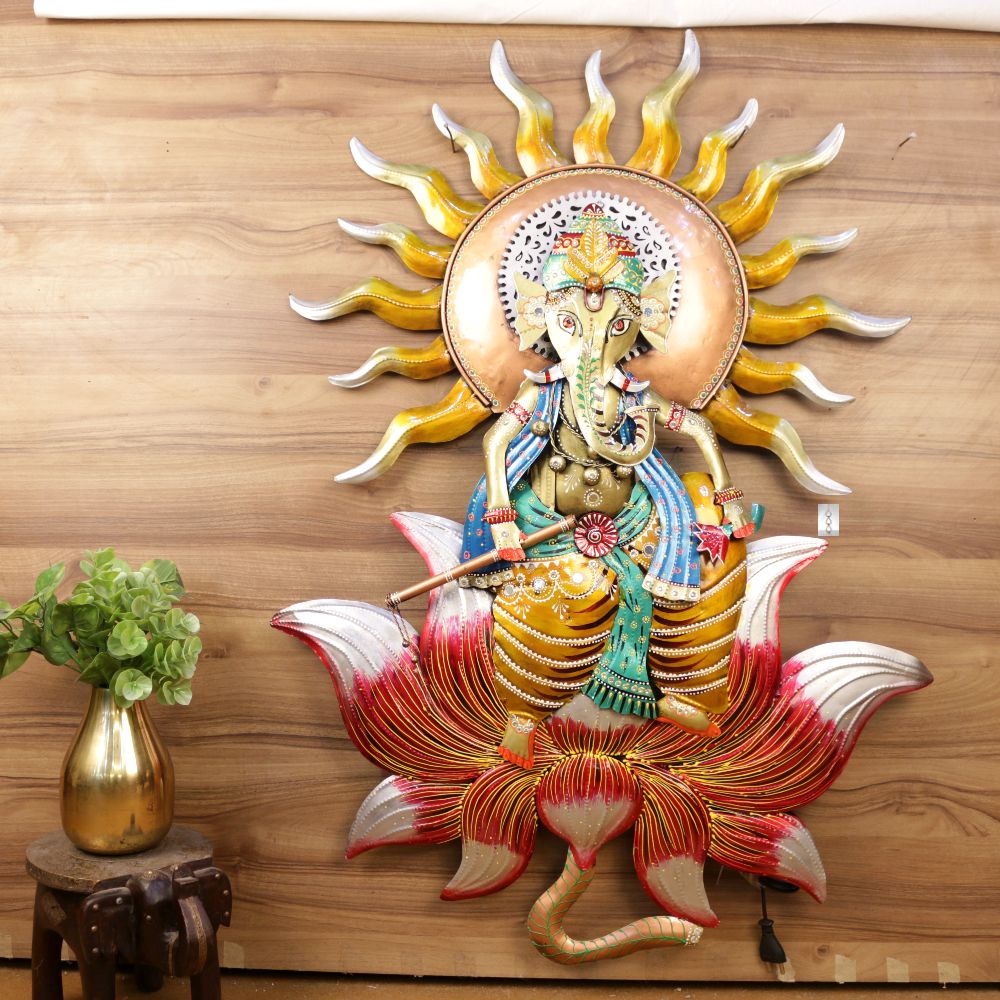 IRON PAINTED WALL GANESHA WITH LOTUS - 3