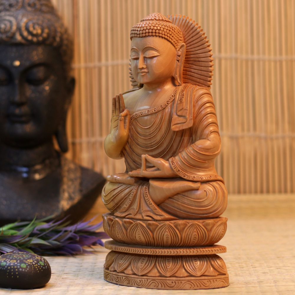 WOODEN CARVED MEDITATING BUDHA 12 INCH