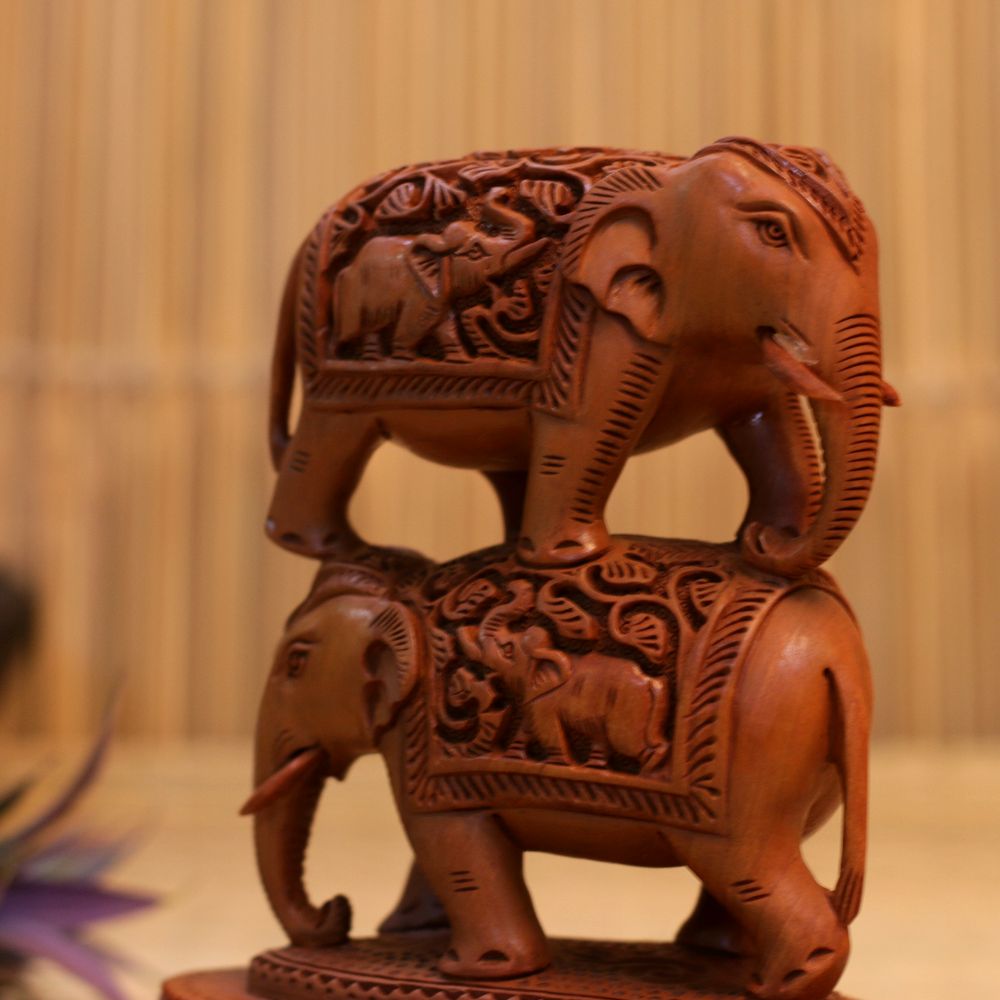 WOODEN CARVED DOUBLE ELEPHANT - 3