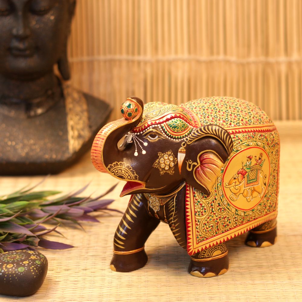 WOODEN HANDICRAFTED ELEPHANT WITH GOLDEN POLISH