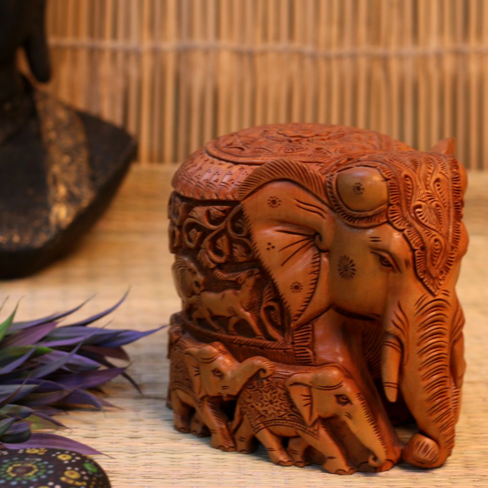 WOODEN CARVING ELEPHANT FAMILY BIG
