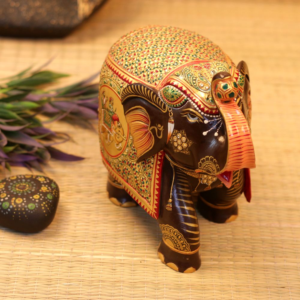 WOODEN HANDICRAFTED ELEPHANT WITH GOLDEN POLISH - 3