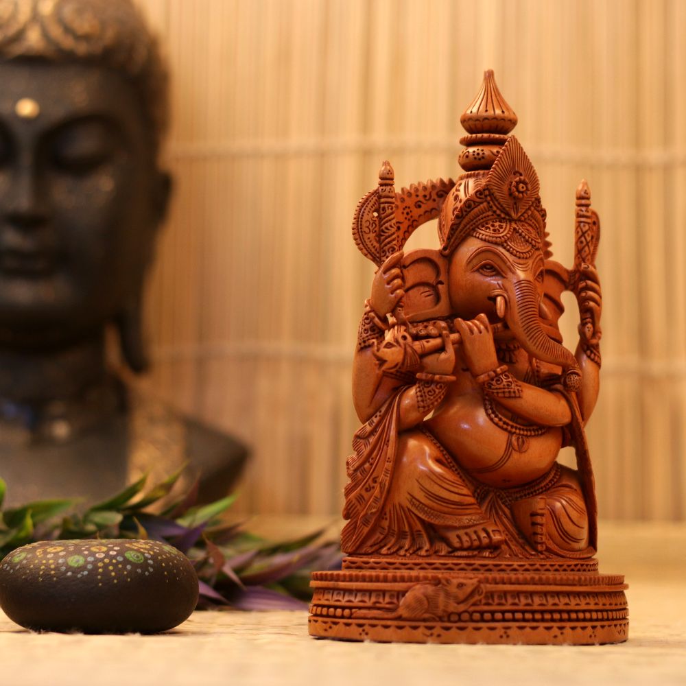 WOODEN GANESH JI WITH BANSURI - 3