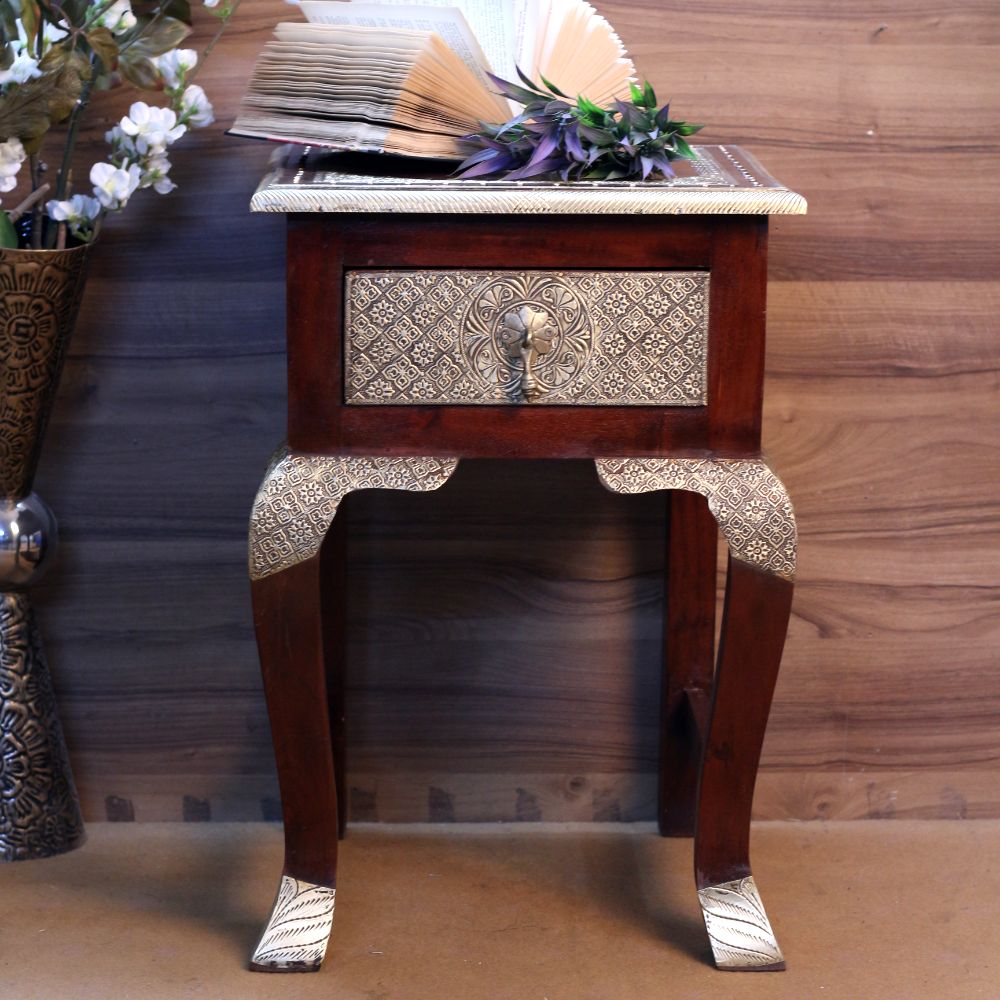 Wooden  Bedside Table Brass Ftd