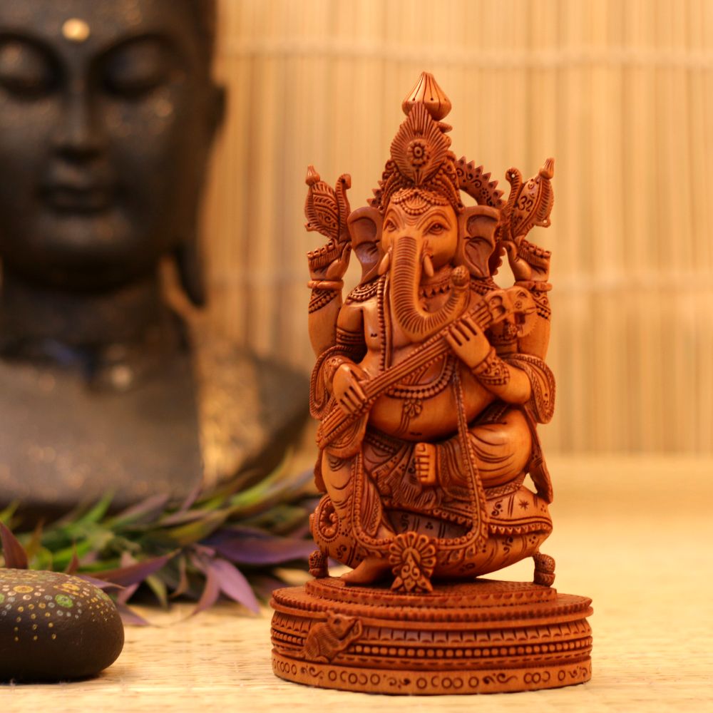 WOODEN SHESHAM GANESH JI PLAYING SITAR - 4