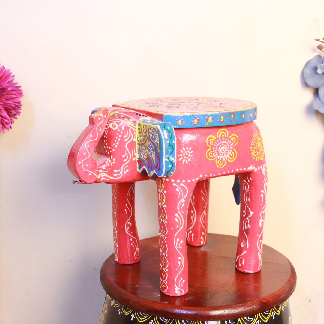 Wooden Painted Elephant Stool 10'' S - 3