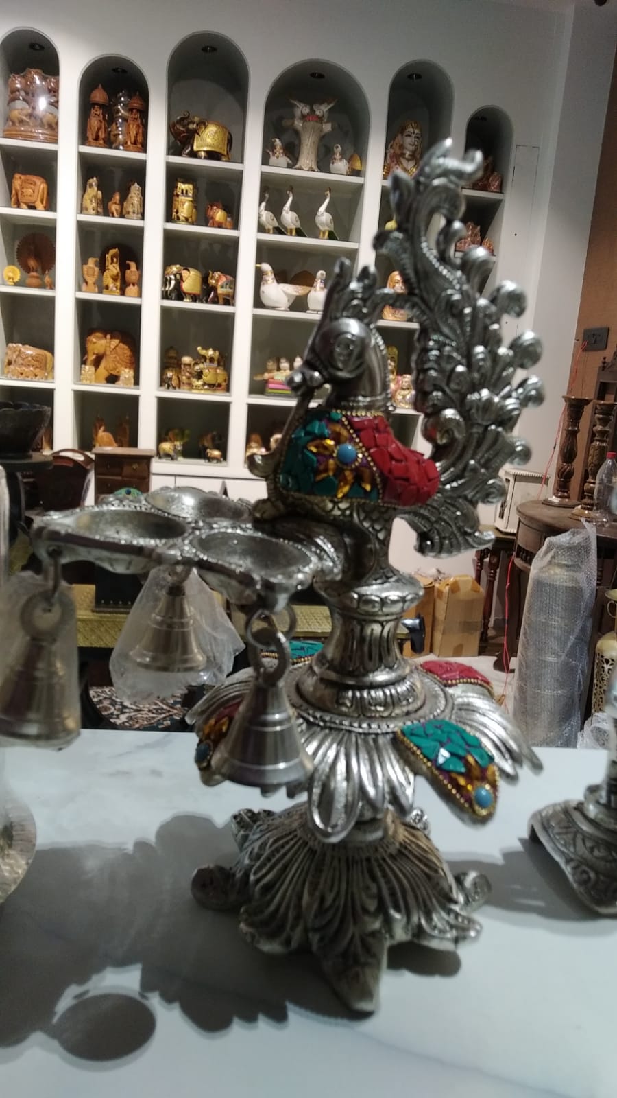 Peacock Samai 3 Diya Stone Work