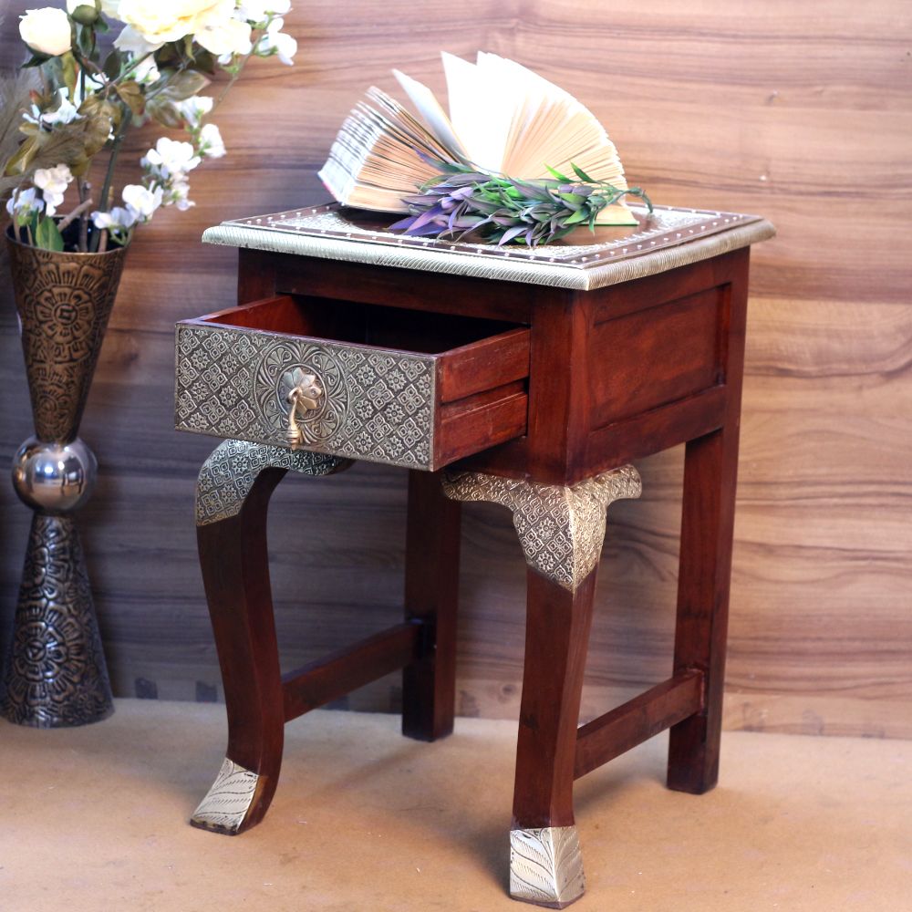 Wooden  Bedside Table Brass Ftd