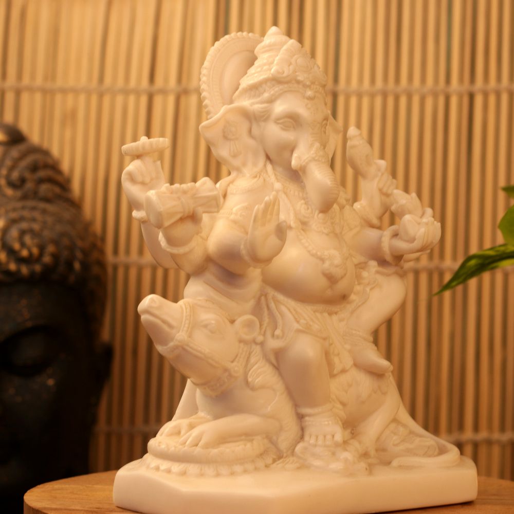 MARBLE CARVED GANESH JI ON MOOSHAK 8