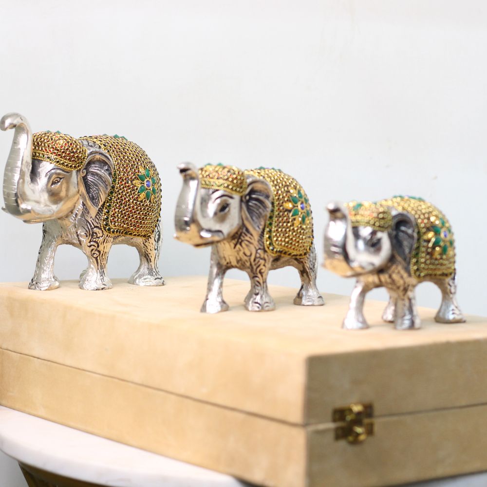 Metal Stone Elephant S/3 With Box