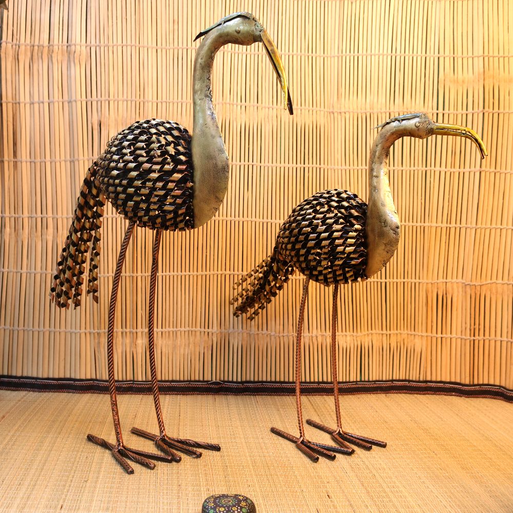 IRON PAINTED CRANE TEA LIGHT SET/2