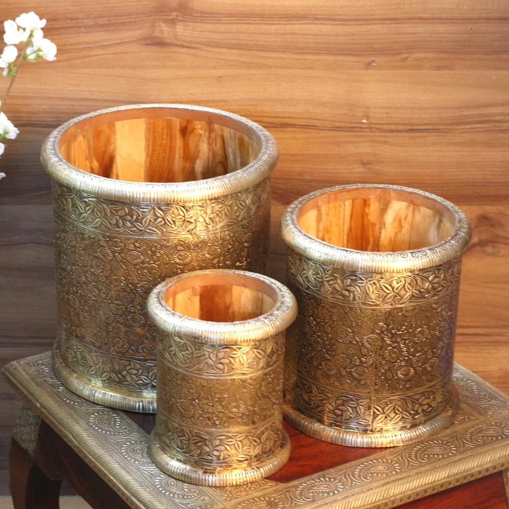 Wooden Planter With Brass S/3 - 5