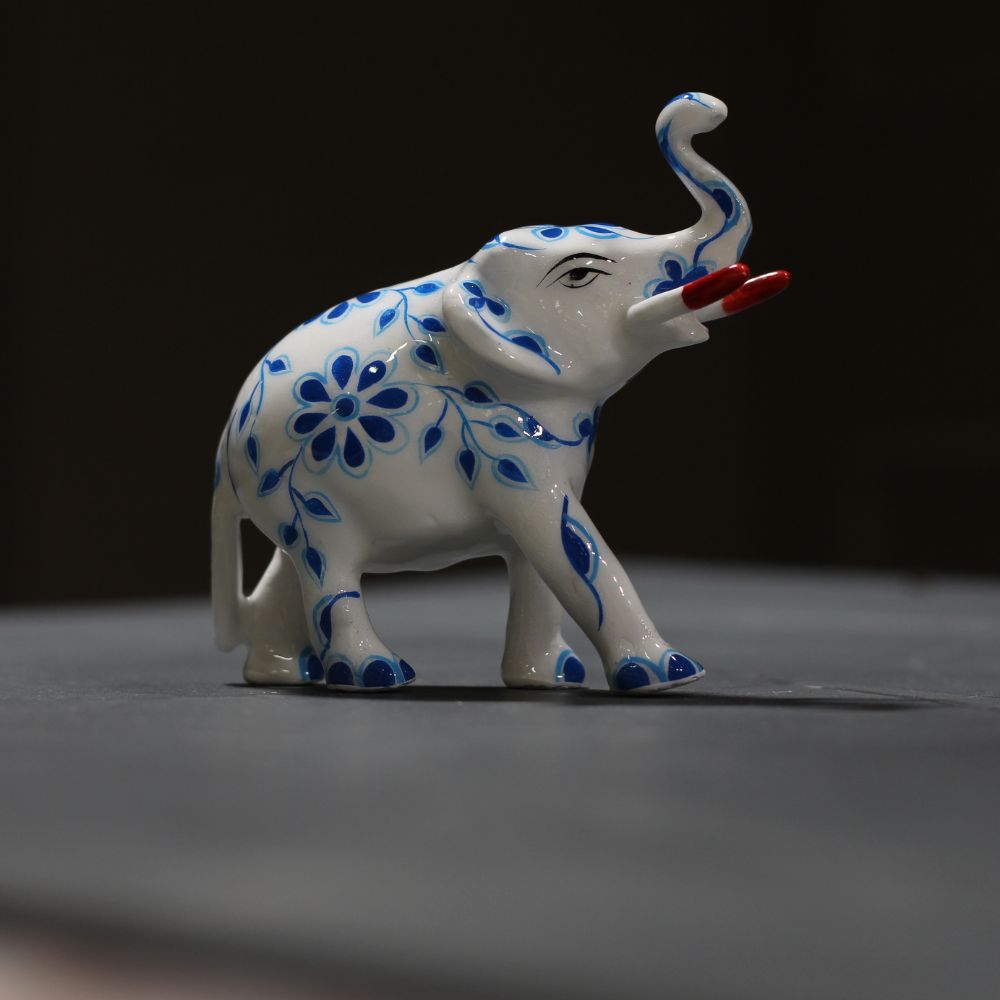 Metal Elephant Blue Pottery 4'' - 3