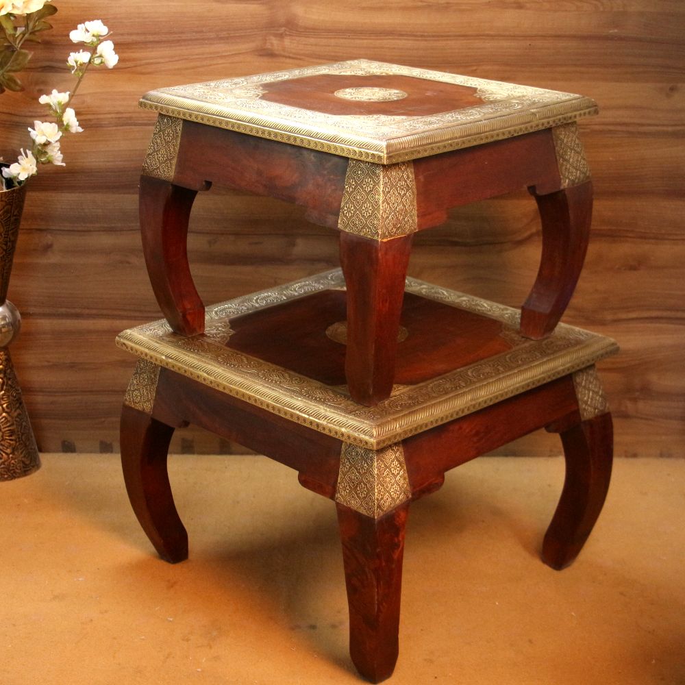 Wooden Stool Set Of 2 Brass Ftd
