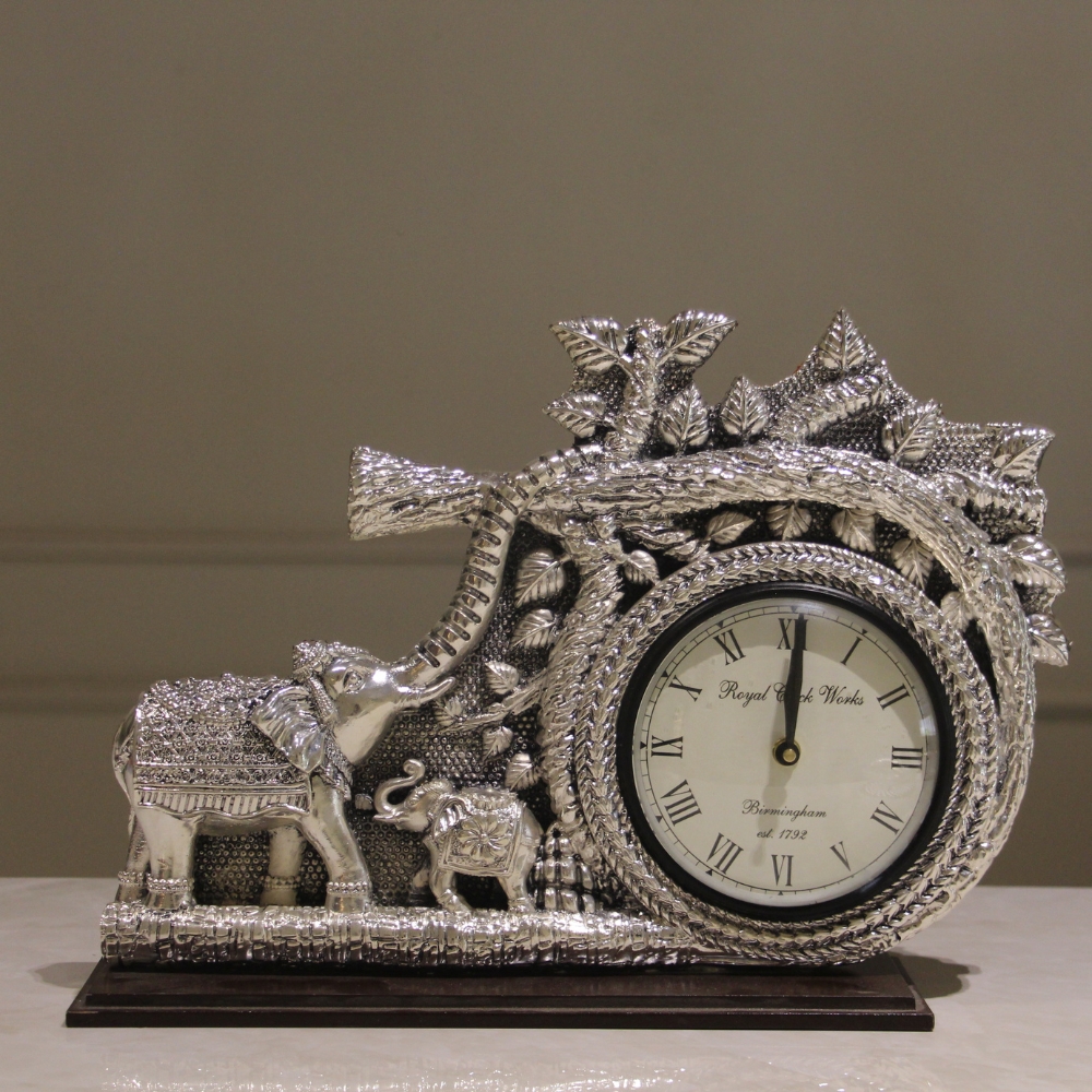 Clock Elephant Family Silver W/b