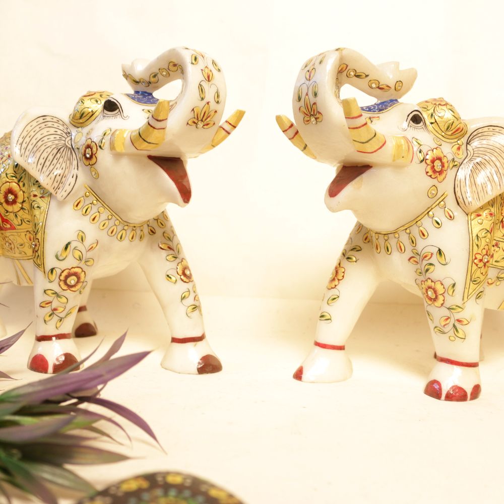 Marble Elephant Statue Pair 6'' - 3
