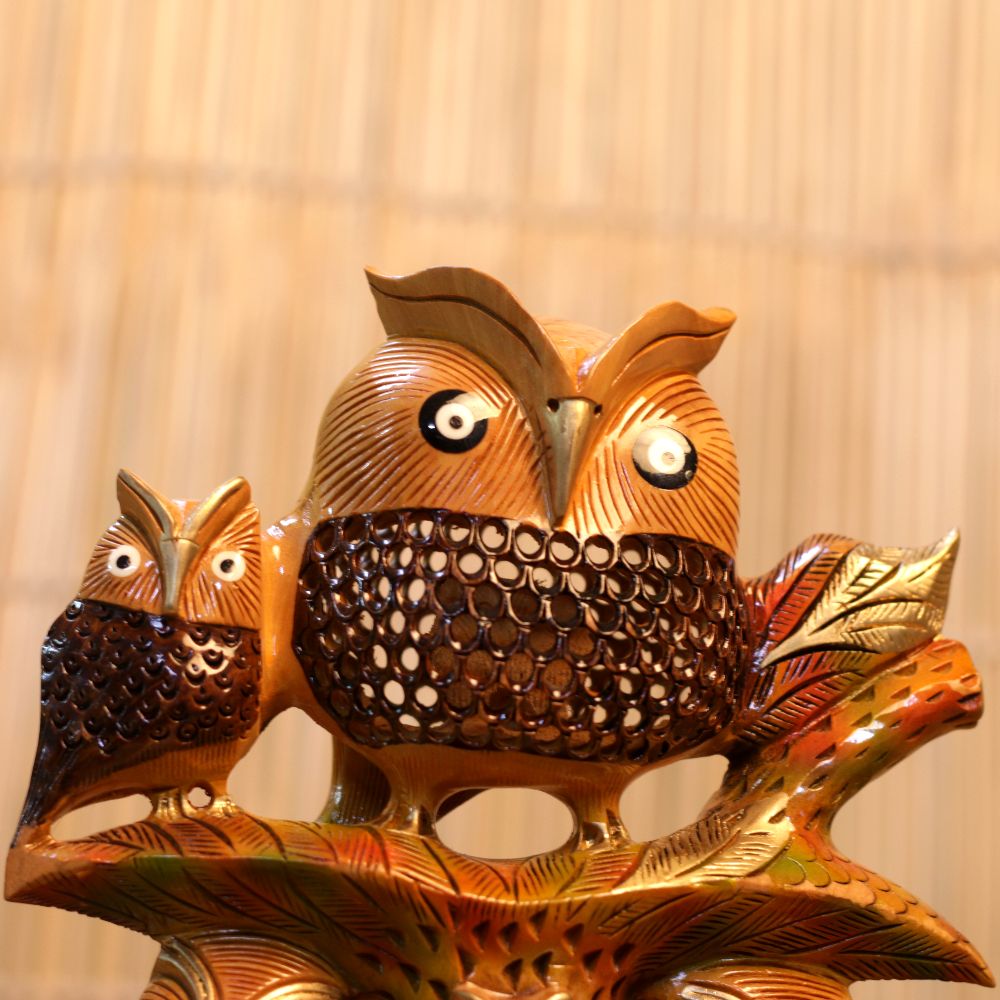 WOODEN NETED OWL FAMILY 8 INCH - 3