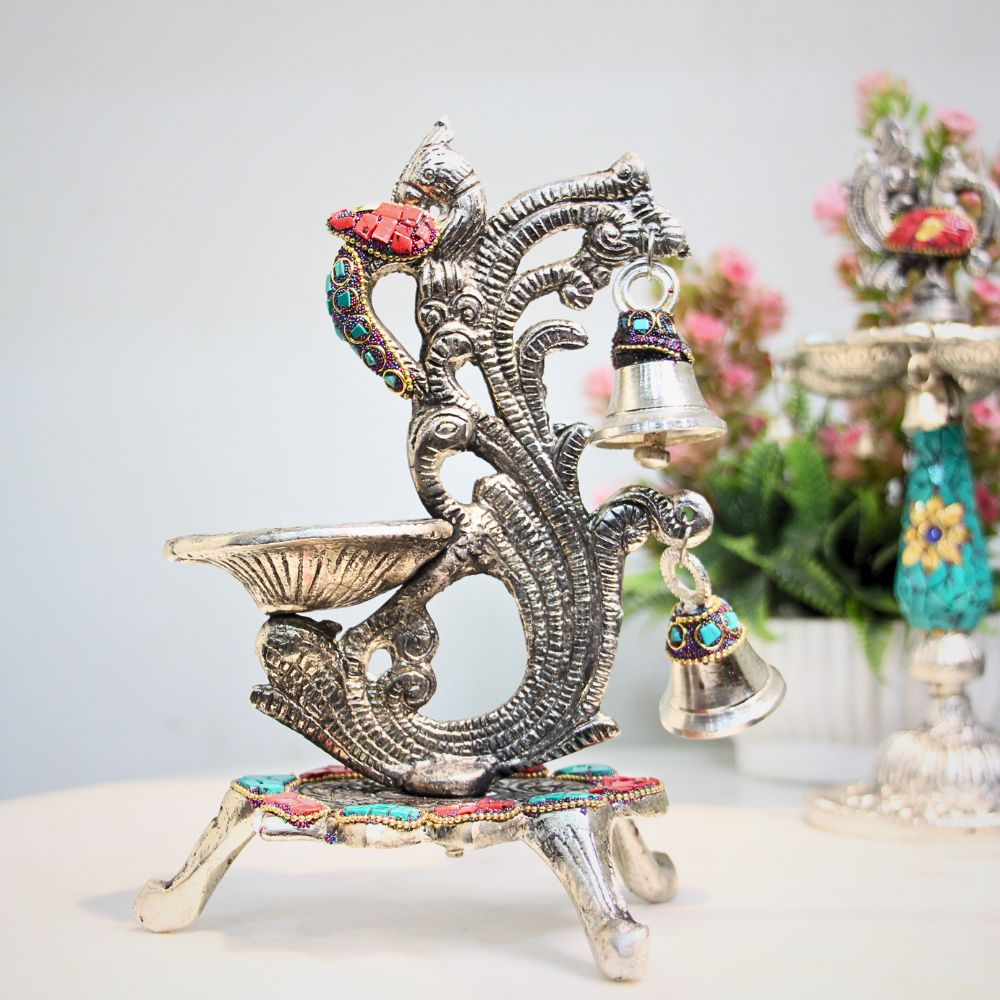 Metal Stone Double Ghanti Diya - 9