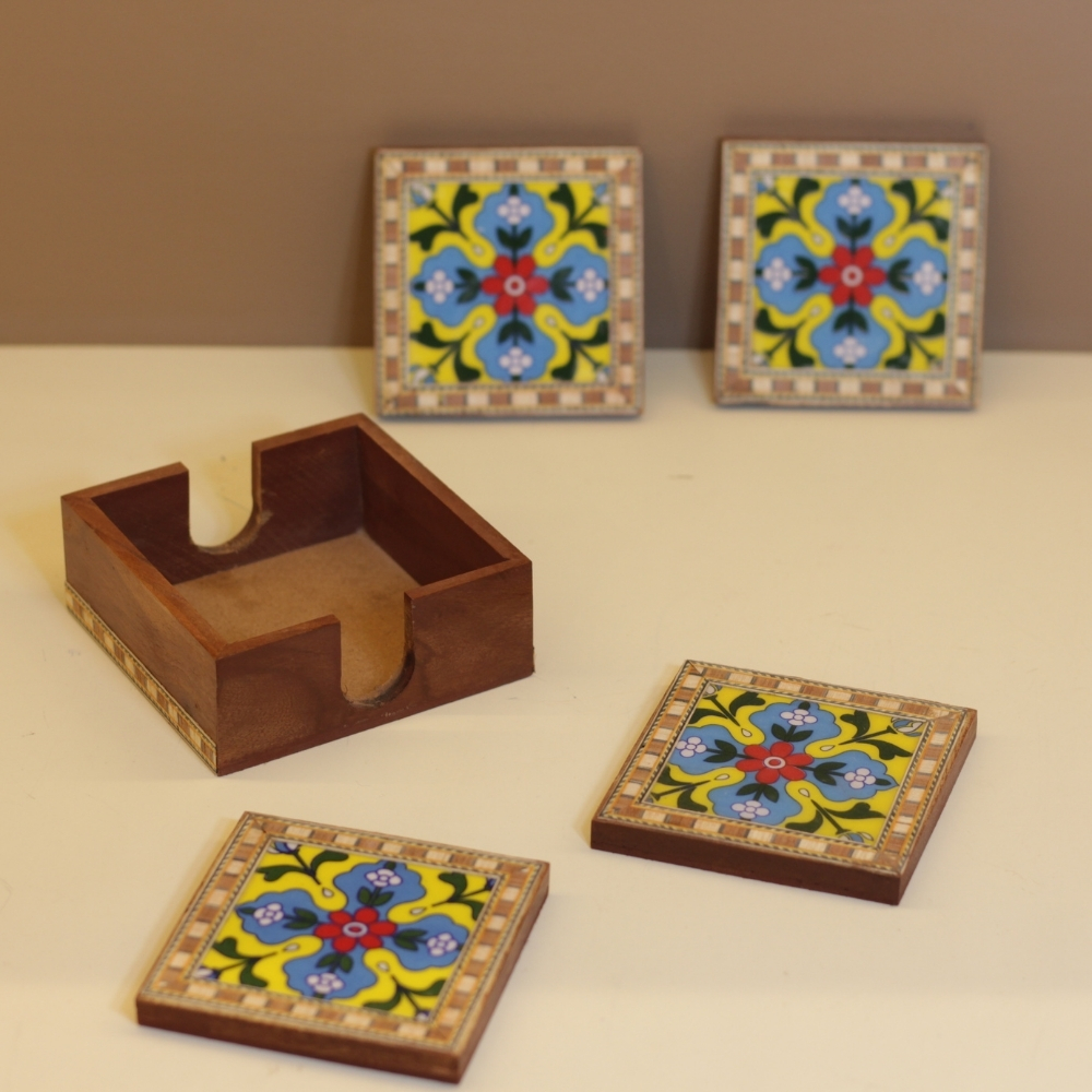 Wooden Tea Coster 4pc Blue Poetry - 5