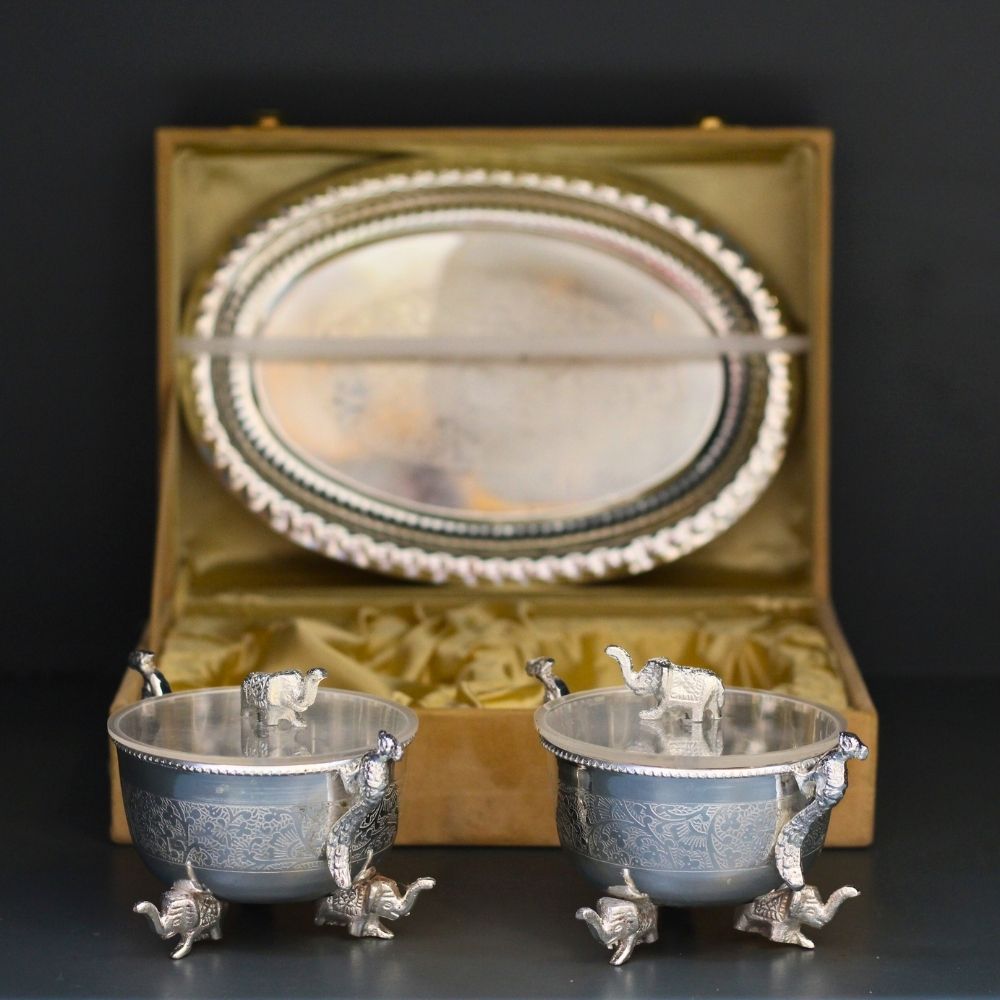 2pc Brass Elephant/Peacock Bowl Set - 7