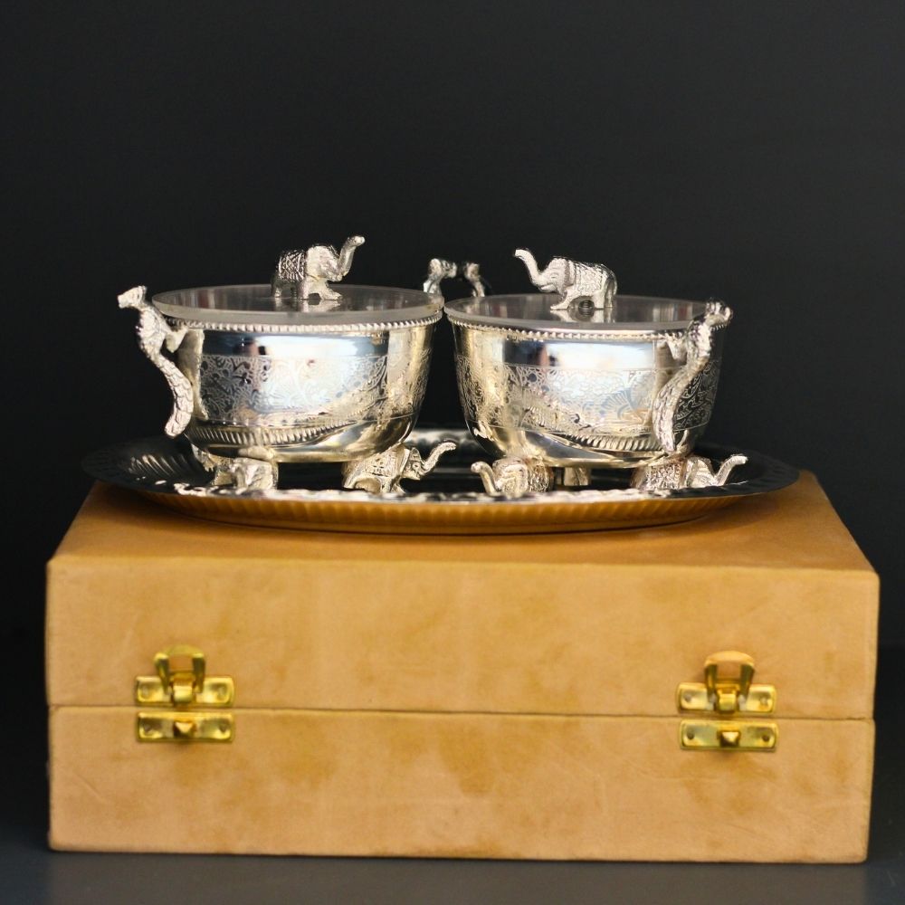 2pc Brass Elephant/Peacock Bowl Set - 3