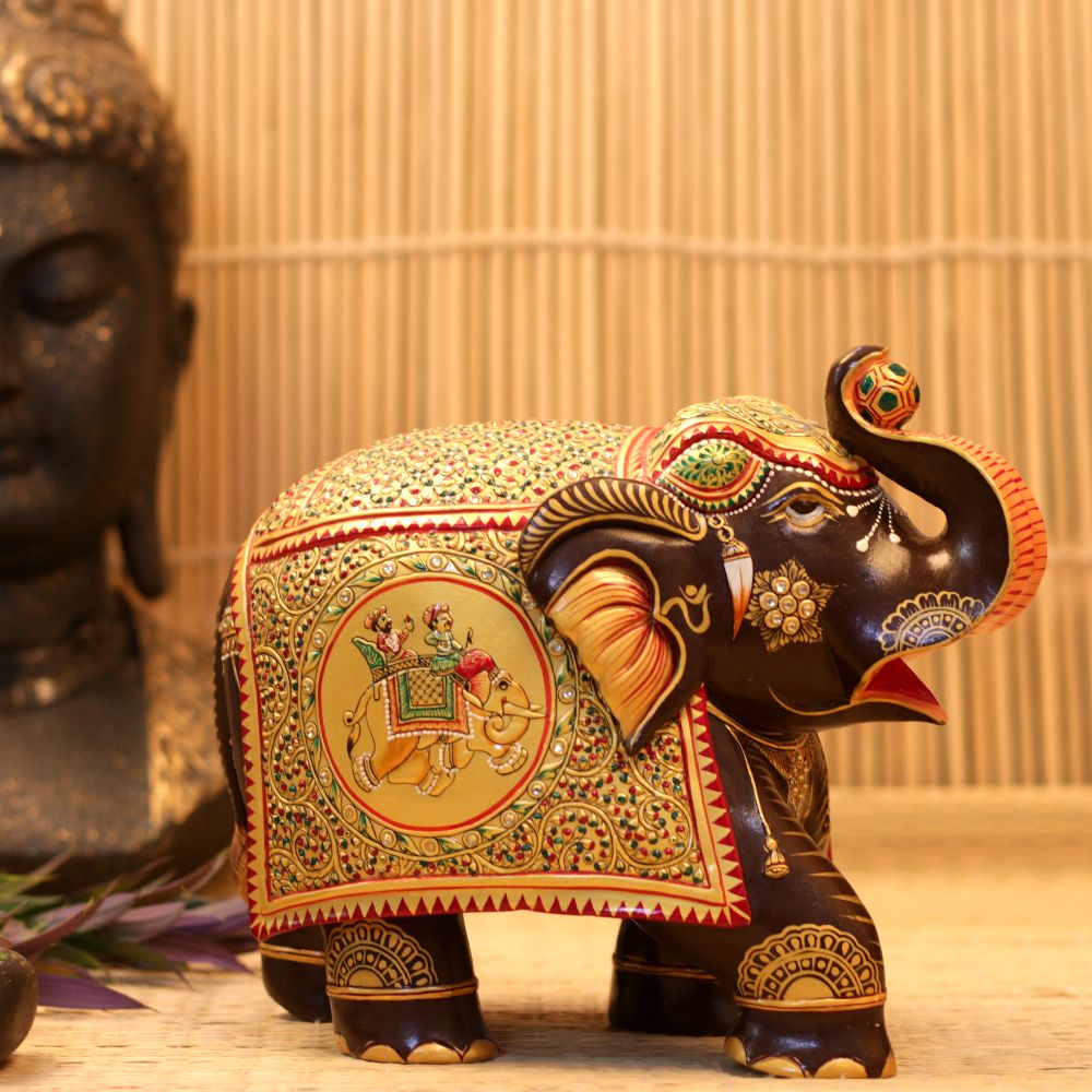 WOODEN HANDICRAFTED ELEPHANT WITH GOLDEN POLISH