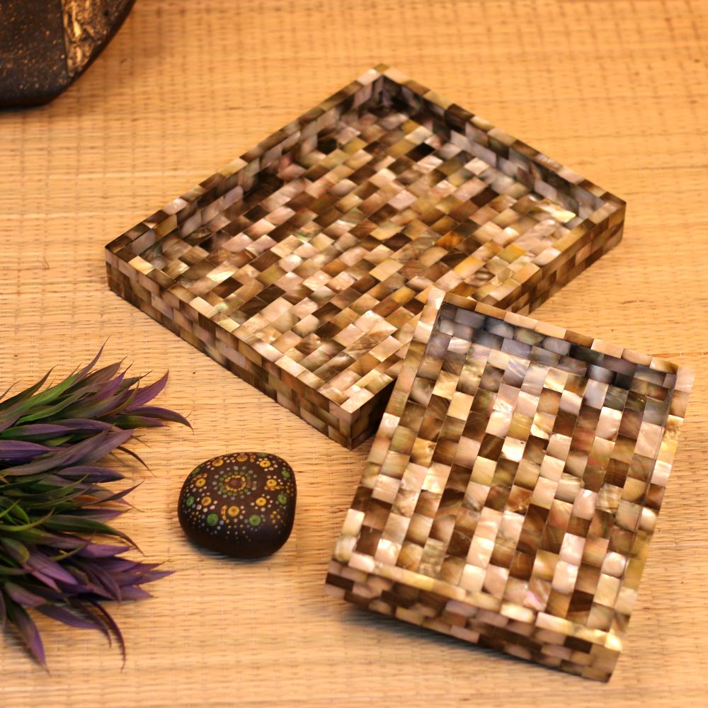 Black Mother Of Pearl Tray Set Of 2